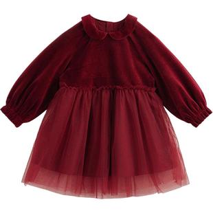 马克珍妮女童娃娃领烫银丝绒连衣裙儿童新年红裙子宝宝冬装231575
