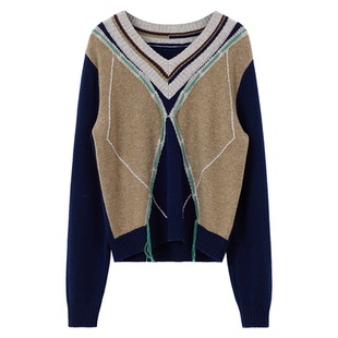 NancyCavally专柜款细腻亲肤荃羊毛 线条菱格嵌花撞色V领针织毛衣