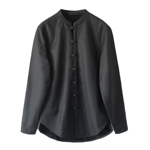 秋冬棉麻男休闲加绒加厚盘扣唐装衬衫青年潮流中式长袖立领衬衣