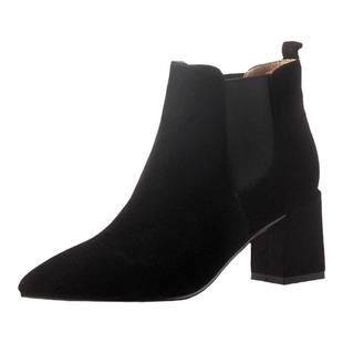 2025秋冬新款单靴高跟真皮短靴女磨砂尖头粗跟英伦真皮马丁靴中跟