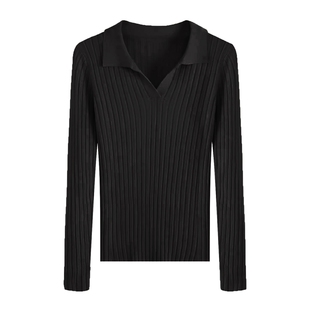 大码针织衫上衣女2025新款黑色打底衫polo领毛衣胖mm200斤春秋冬