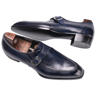 Oct Tenth手工固特异Monk孟克皮鞋 手缝沿条结构蓝擦色单扣僧侣鞋