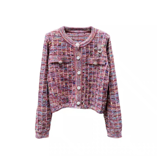 2026早春新款小香风数字5撞色针织开衫女圆领毛衣外套单排扣上衣