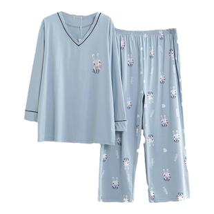 春秋纯棉睡衣女加肥加大200斤胖mm全棉v领长袖长裤家居服套装秋冬