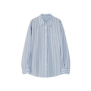 Warm Range 泡泡纱肌理感蓝色条纹衬衫女夏季休闲遮阳宽松衬衣