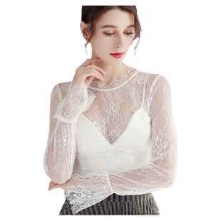 透明睫毛立领蕾丝打底衫女喇叭长袖黑色毛衣内搭纱衣内衬网纱上衣
