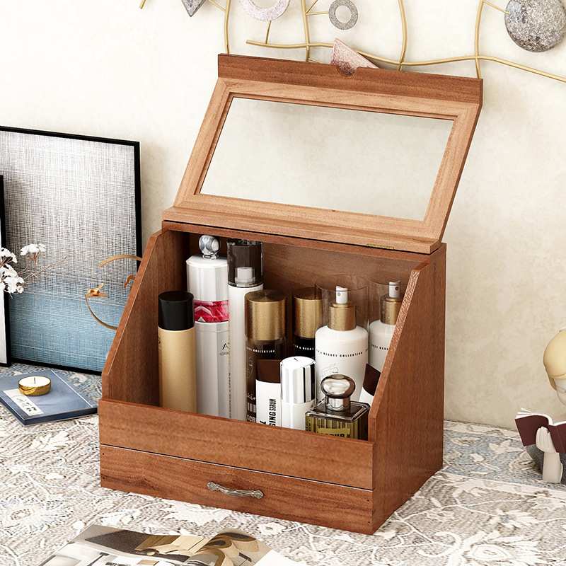 实木质复古化妆品水乳整理盒翻盖桌面杂物手收纳盒展示柜账防尘