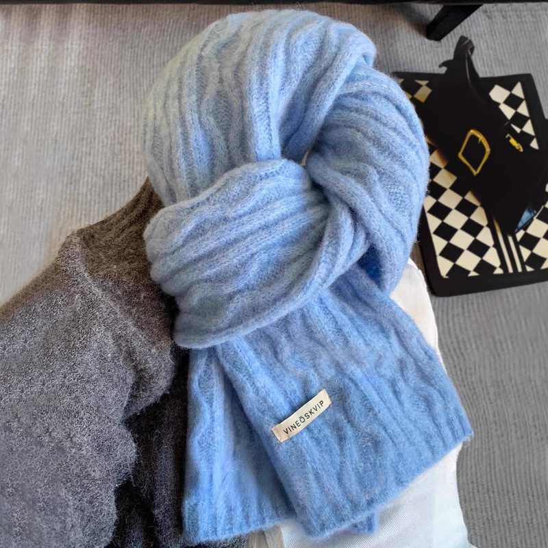 显白冰蓝色~韩系ins软糯麻花纹针织围巾女冬季高级感百搭保暖加厚