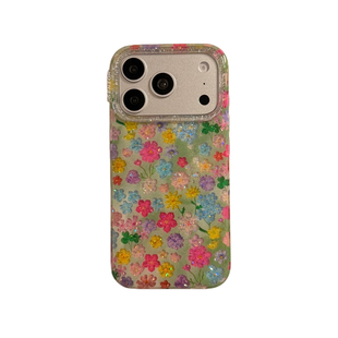 清新ins风鎏金彩色花朵适用iphone17promax手机壳苹果16Pro新款15高级17pro闪粉镜框17女款15pro防摔14保护套