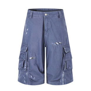 UNLG美式复古破洞补丁法工蓝七分裤男夏季设计感多口袋jorts短裤