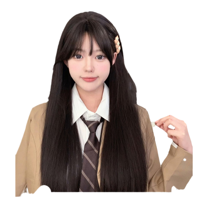 束朵假发女日常网红夏季新款自然长直发逼真齐刘海全头套式假发