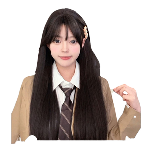 束朵假发女日常网红夏季新款自然长直发逼真齐刘海全头套式假发