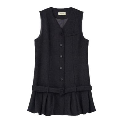 【现货】韩国howus裙子礼服羊毛马甲百褶腰带无袖气质黑色连衣裙