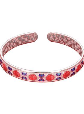 老银匠999足银珐琅梅花开口手镯