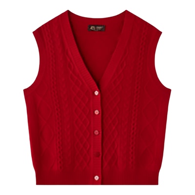 珍贝100山羊绒V领绞花开背马甲