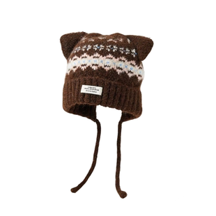 可爱猫耳朵费尔岛毛线帽女冬季加绒保暖帽子包头帽针织帽显脸小