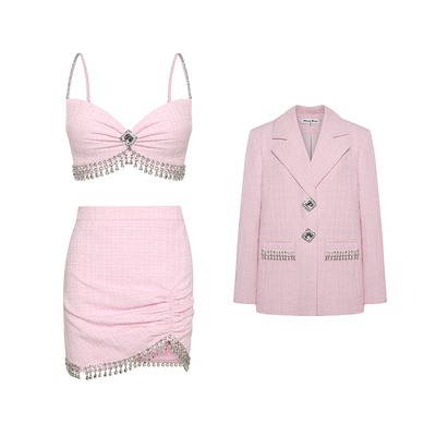Maison Wester秋季官方周也同款粉钻西服背心半裙套装可露丽穿搭
