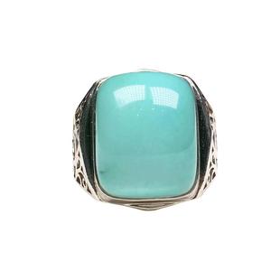 堰京原矿绿松石戒指男士款戒子蛋面方戒马鞍戒银镶嵌网花乌兰花
