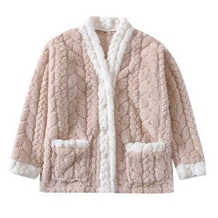 新款法兰绒单件上衣秋冬季睡衣女加绒加厚珊瑚绒开衫家居服可外穿