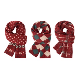 儿童复古提花针织围巾红色秋冬保暖毛线宝宝围脖男女童圣诞节日款