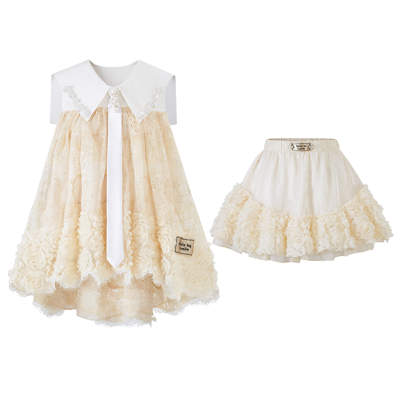 【25春夏新品】4MILE BY KSMILE 立体盘花蕾丝海军领上衣短裙套装