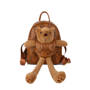 印花小熊PU皮质背包防水时尚通勤女士新款双肩包可拆卸玩偶小熊包