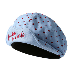 CACUSS牛仔贝雷帽子女款春夏复古爱心刺绣报童帽显脸小八角画家帽