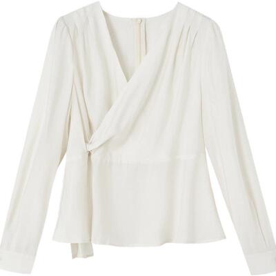 德玛纳春秋交叉V领收腰衬衫女