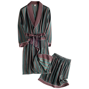 男士睡袍春秋冰丝薄款睡衣套装高级感仿真丝绸夏季长款浴袍浴衣男