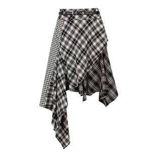 设计感黑白格子拼接半身裙复古辣妹不规则解构高腰显瘦a字中长裙