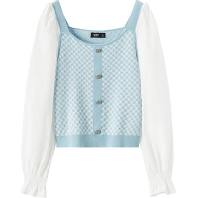 森马拼接泡泡袖短款长袖衬衫女