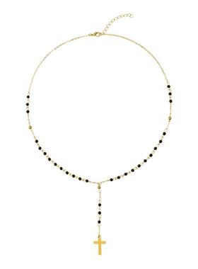 长款流苏黑色十字架吊饰圆珠链