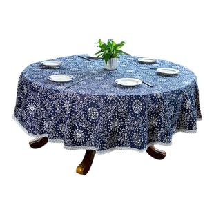 农家乐圆桌布定制厚蓝印花布田园特色全棉餐桌布酒店客厅饭店布艺