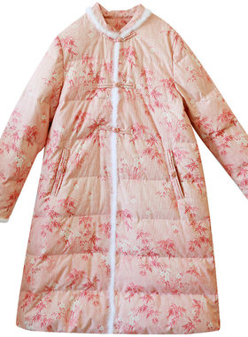 中式立领羽绒服女冬季印花外套