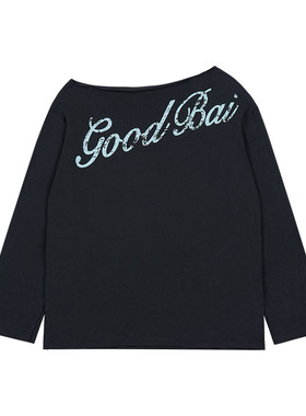 GOODBAI 花体logo做旧一字肩宽松薄款长袖T恤