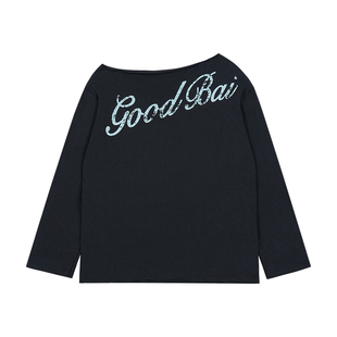 GOODBAI 花体logo做旧一字肩宽松薄款长袖T恤