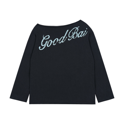 GOODBAI 花体logo做旧一字肩宽松薄款长袖T恤