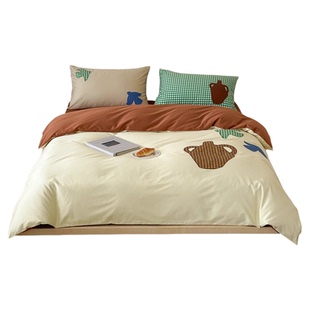 小岛飞鸽长绒棉全棉床单四件套刺绣纯棉蓝被套ins风简约四季床品