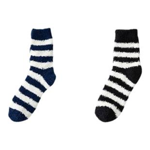 珊瑚绒袜子男女士中筒秋冬季加绒加厚毛绒袜保暖毛巾地板睡眠条纹