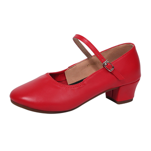 舞蹈鞋女广场舞新款中跟真皮软底中老年交谊舞四季室外跳舞鞋红色