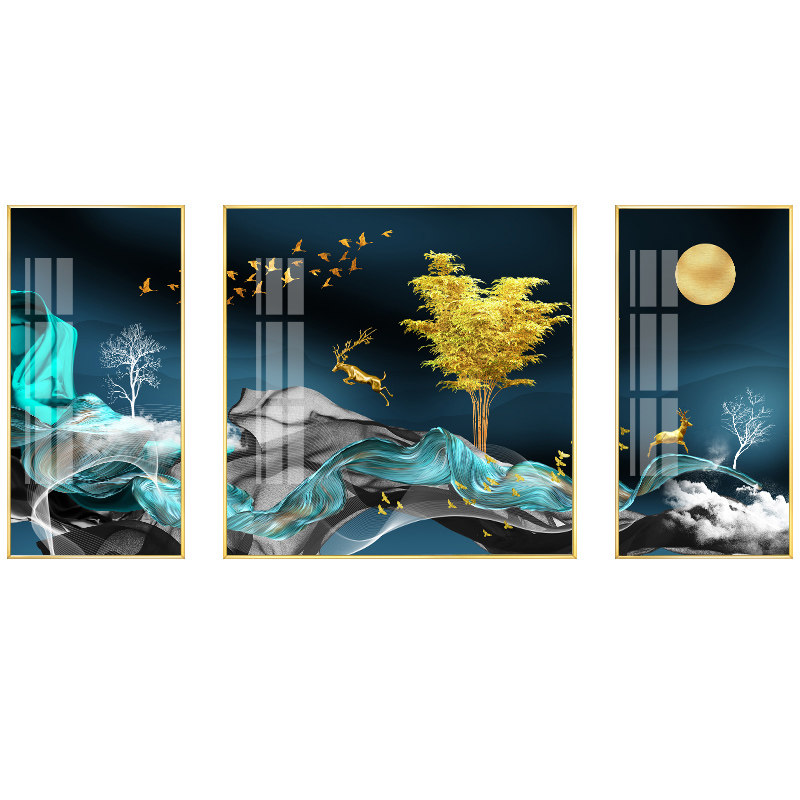 北欧风格麋鹿三联钻晶客厅装饰画