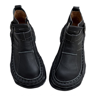 2026新款真皮厚底短靴女秋冬新款加绒女靴欧美手工百搭靴子马丁靴