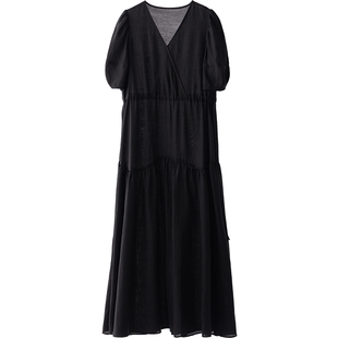 连衣裙子夏今年流行爆款女装V领短袖大摆长裙宽松收腰显瘦韩版黑