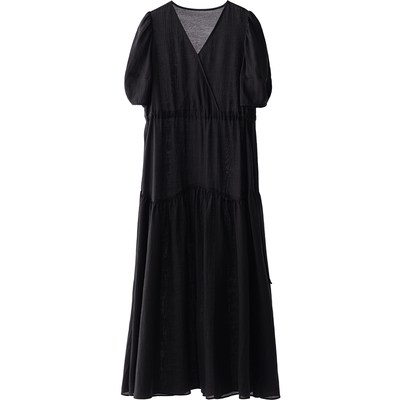 CR可调节腰绳拼接A字短袖连衣裙