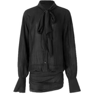 ourhour 长飘带领结 黑色假两件垂感 下摆不对称衬衫连衣裙