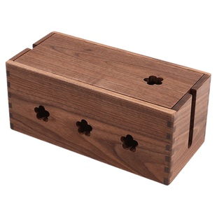 黑胡桃实木插线板收纳盒桌面电源线插排插座接线板集线盒遮挡整理