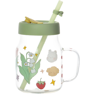 蓝莲花高硼硅玻璃吸管杯带把手女生水杯高颜值夏天刻度杯子带盖
