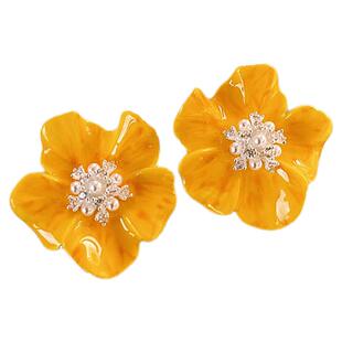 黄色花朵珍珠耳钉女高级感轻奢气质耳环适合夏天戴的耳饰独特漂亮