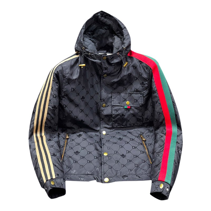 秋冬连帽加棉条纹薄棉服男