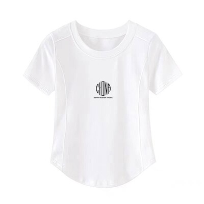 白色纯棉正肩圆领鱼骨短袖t恤女